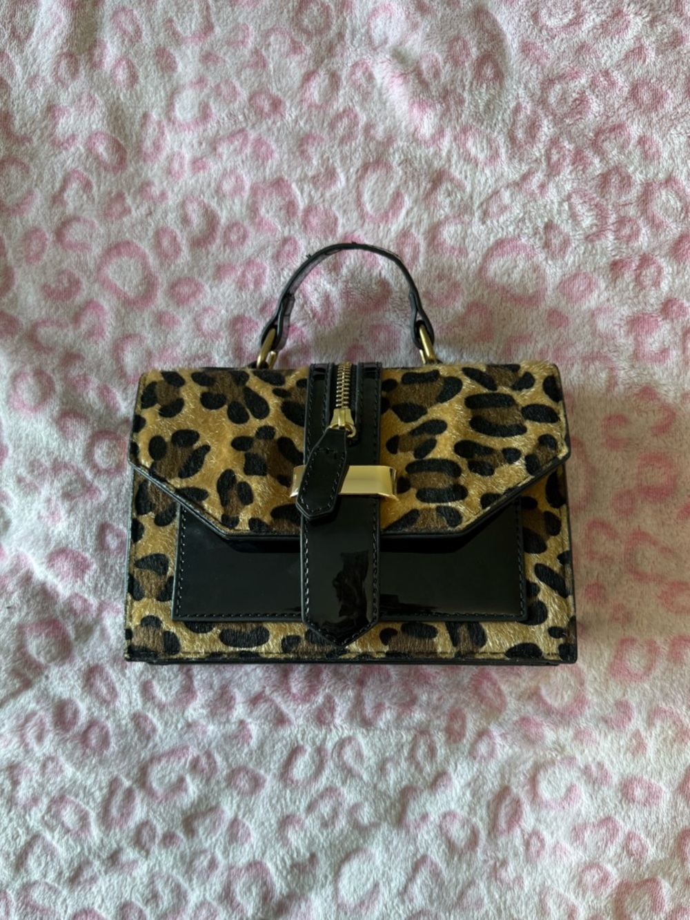 Leopard Print Top-Handle Satchel in Black and Brown
